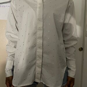 White Button-Up Shirt with Rhinestone Accents